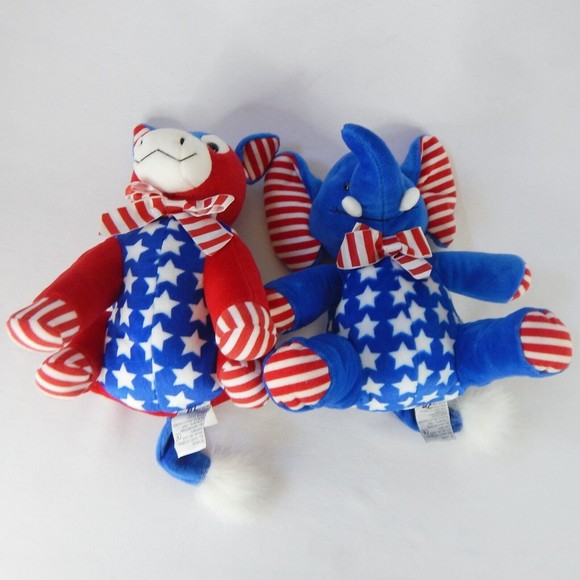 Set 2 Vtg Patriotic Election Mascots Elephant Donkey Plush Stars Stripe Red Blue - Picture 6 of 13